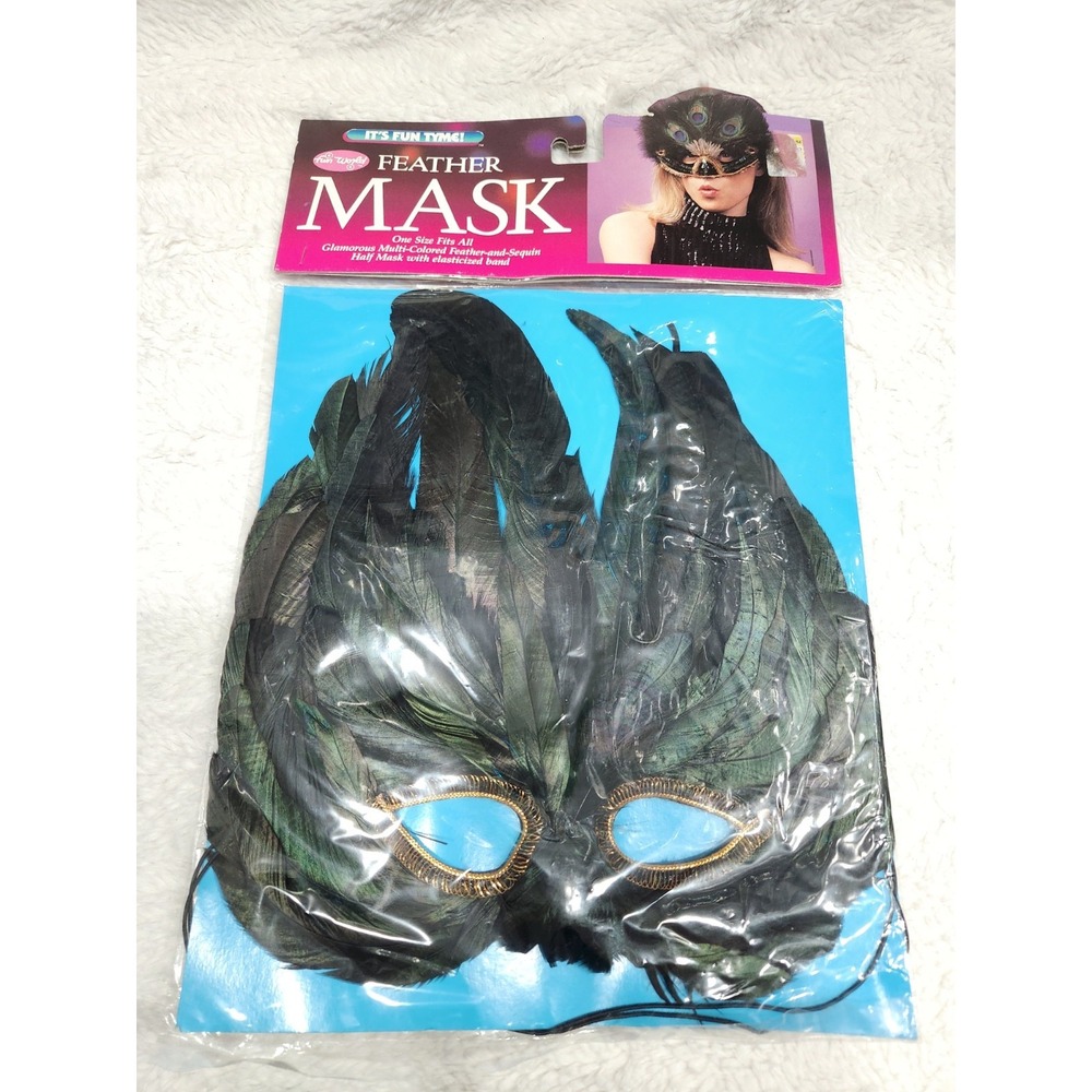 Vintage Fun World Black Feather Sequin Masquerade Mask Costume Halloween New